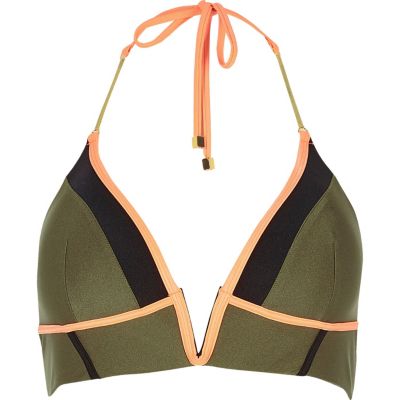Khaki panel plunge string bikini top